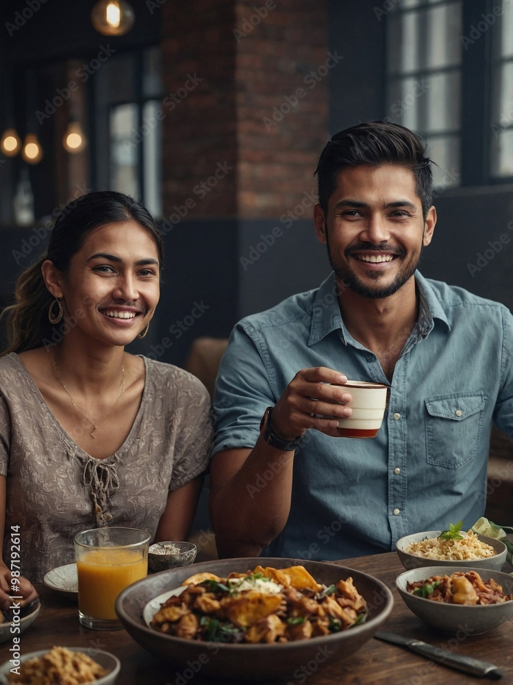 Happy couple enjoying a meal together in a cozy restaurant during dinner time with delicious dishes on the table.