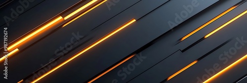 Black smooth abstract background with neon glowing orange lines. Vector futuristic banner design - Generative AI