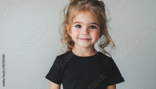 cute girl child in black t-shirt mockup smiling against light studio background