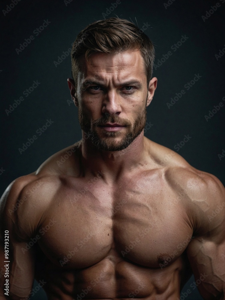 Fototapeta premium A captivating model poses confidently in a studio, highlighting his sculpted physique and striking features against a dark backdrop.