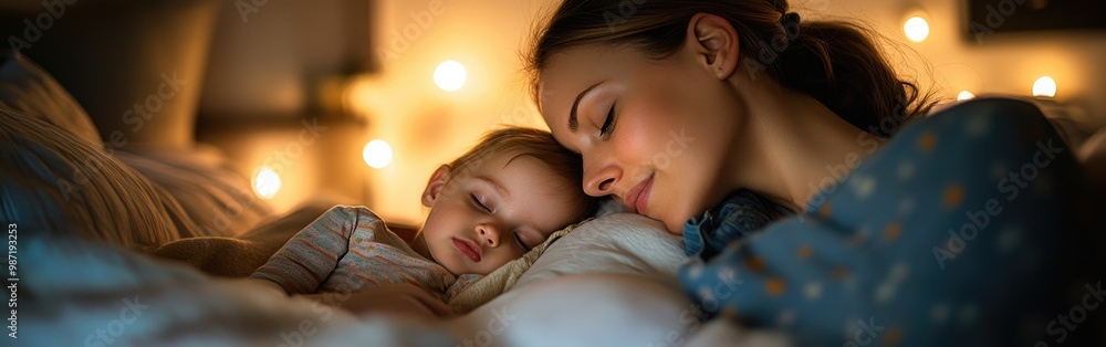 A mother gently puts her toddler to sleep in a warm and inviting bedroom atmosphere A mother gently puts her toddler to sleep in a warm and inviting bedroom atmosphere