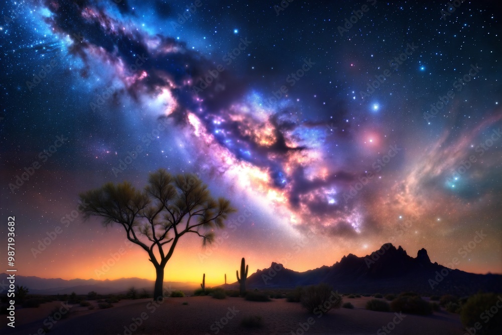 Milky way galaxy over desert with solitary tree silhouette Milky way galaxy over desert with solitary tree silhouette