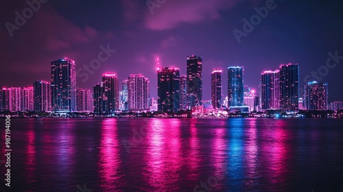 Illuminated City Skyline with Pink Lights at Night