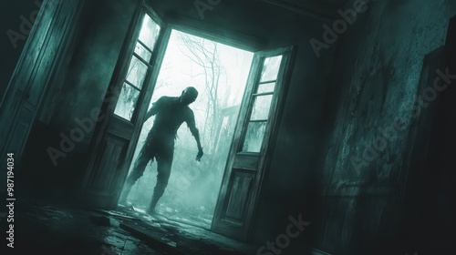 A zombie breaking through the door of an abandoned house, with broken windows, eerie fog outside, and shadowy figures lurking in the background