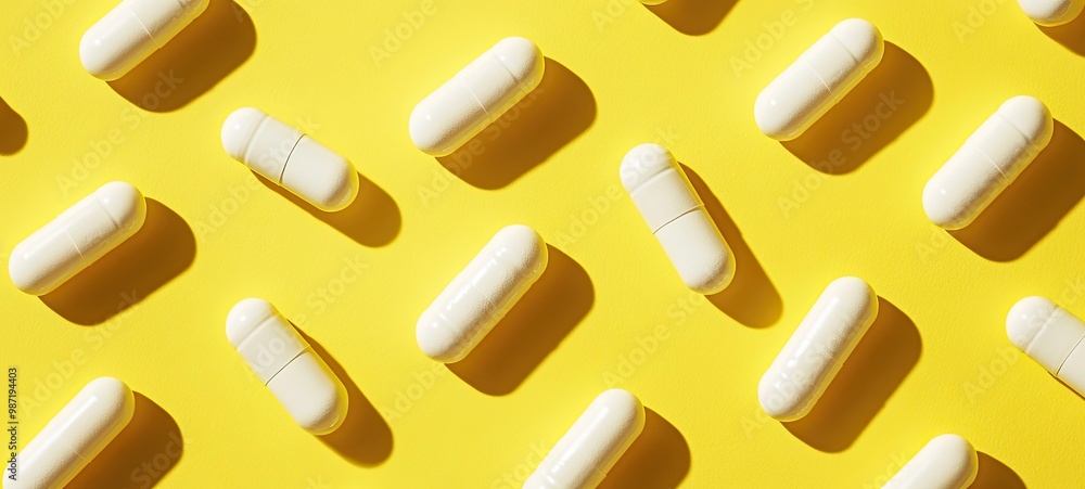 close-up of capsules with white pills on a yellow background. close-up of capsules with white pills on a yellow background.