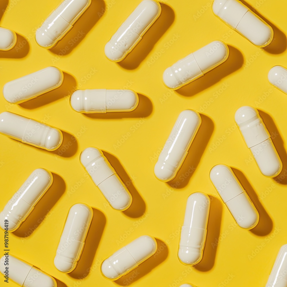 close-up of capsules with white pills on a yellow background. close-up of capsules with white pills on a yellow background.