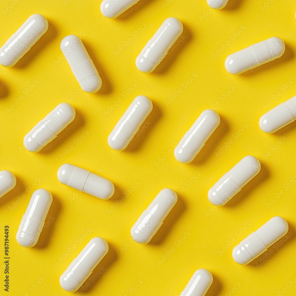 close-up of capsules with white pills on a yellow background. close-up of capsules with white pills on a yellow background.