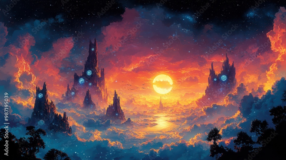 Floating Islands in a Starry Sky - Fantasy Landscape Floating Islands in a Starry Sky - Fantasy Landscape