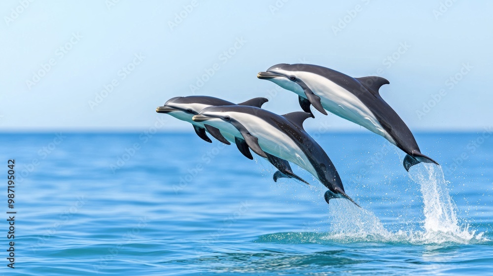Dolphins Jumping Gracefully in Blue Ocean Water Dolphins Jumping Gracefully in Blue Ocean Water