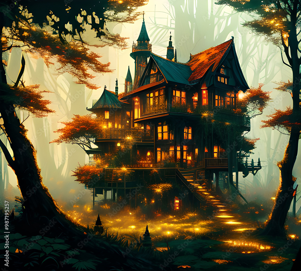 Obraz premium Atmospheric fairy tale fantasy house in the forest. Mysterious location. Mystical illustration. generative ai