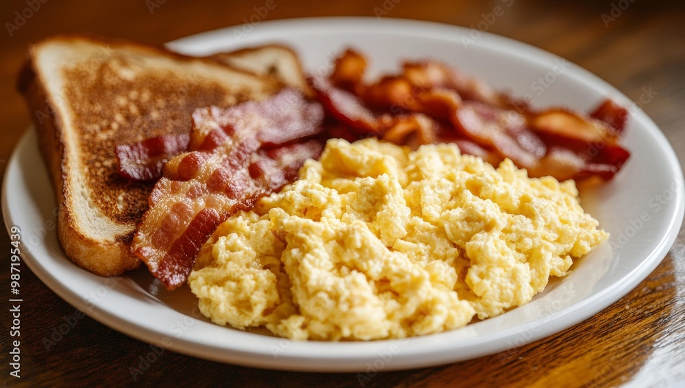 Scrambled eggs, toast, and bacon on a plate. Scrambled eggs, toast, and bacon on a plate.
