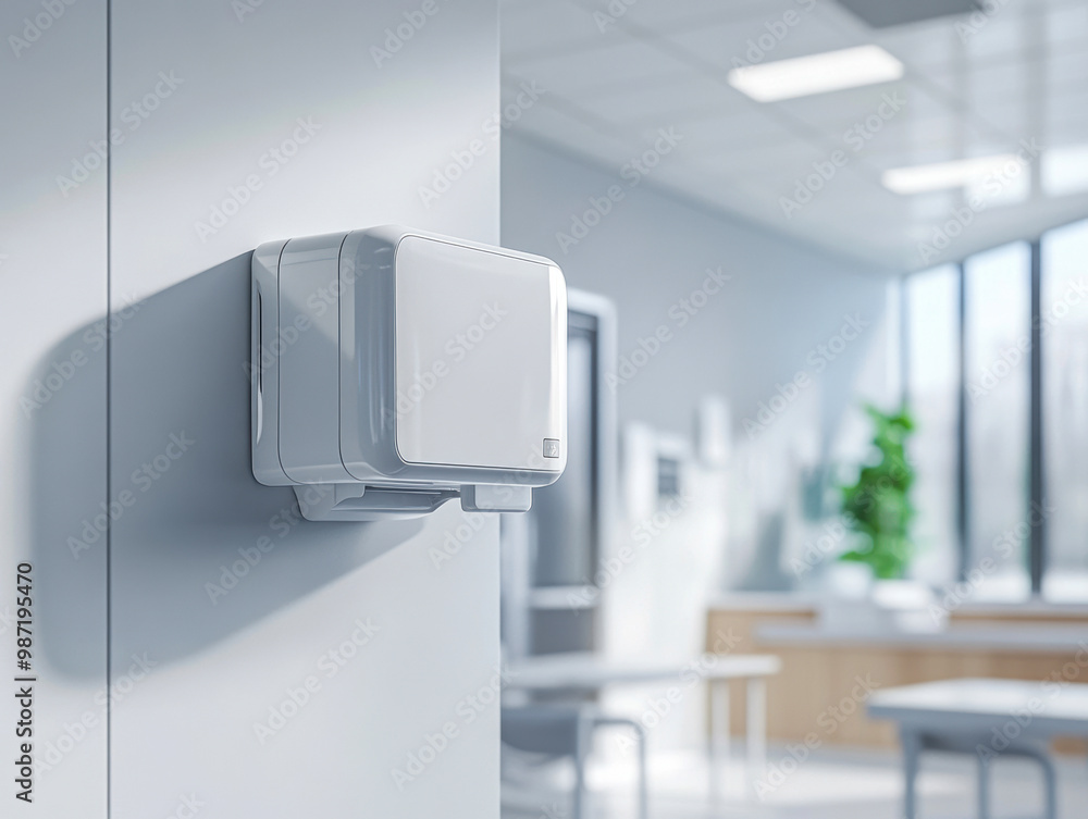 Hand sanitizer dispenser on hospital corridor wall Hand sanitizer dispenser on hospital corridor wall