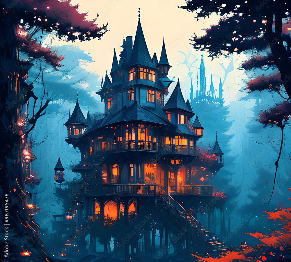 Obraz premium Atmospheric fairy tale fantasy house in the forest. Mysterious location. Mystical illustration. generative ai