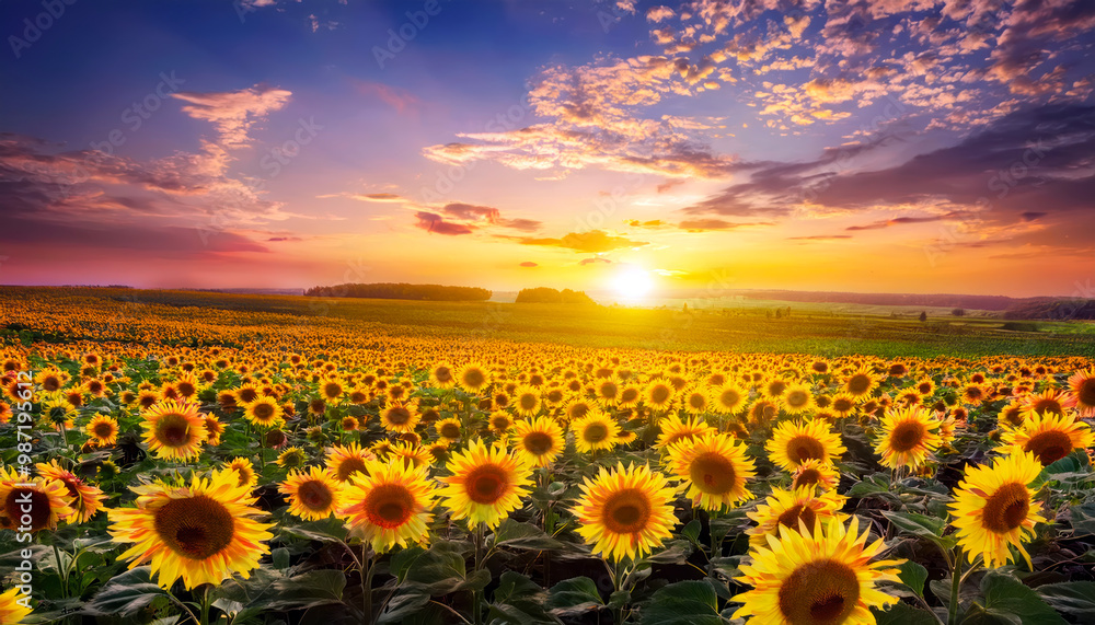 Obraz premium Sunflowers field landscape and sunset sky 