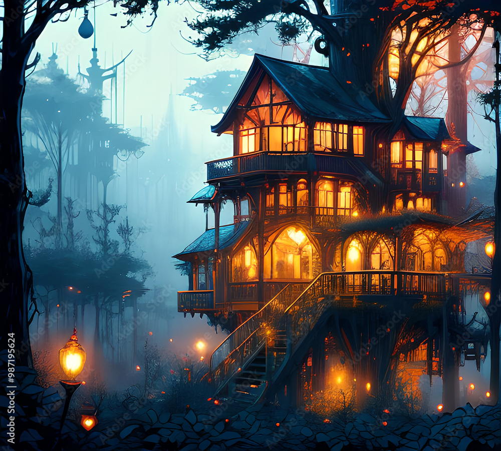 Atmospheric fairy tale fantasy house in the forest. Mysterious location. Mystical illustration. generative ai Atmospheric fairy tale fantasy house in the forest. Mysterious location. Mystical illustration. generative ai
