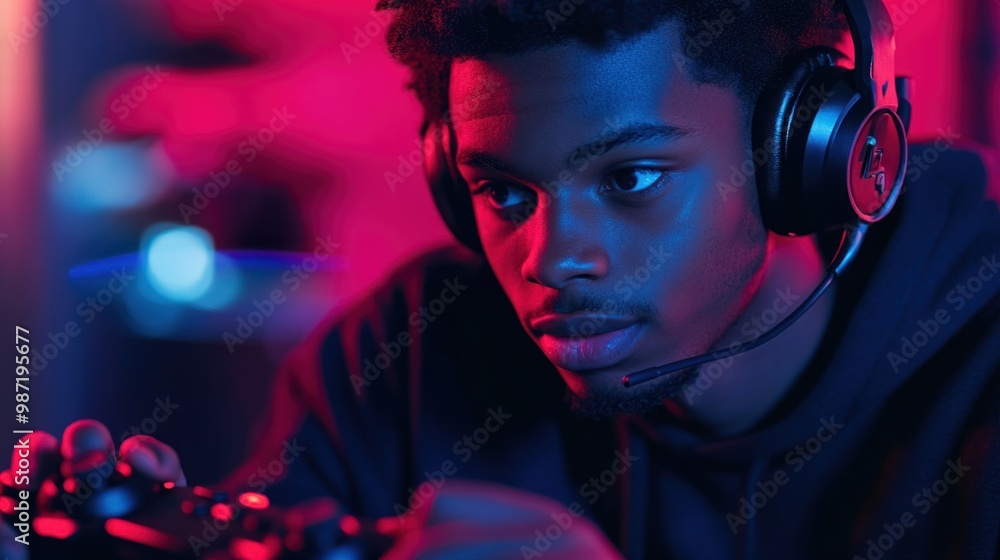 Focused young man wearing a headset, playing an online multiplayer game with a controller in hand, immersed in the action. Focused young man wearing a headset, playing an online multiplayer game with a controller in hand, immersed in the action.