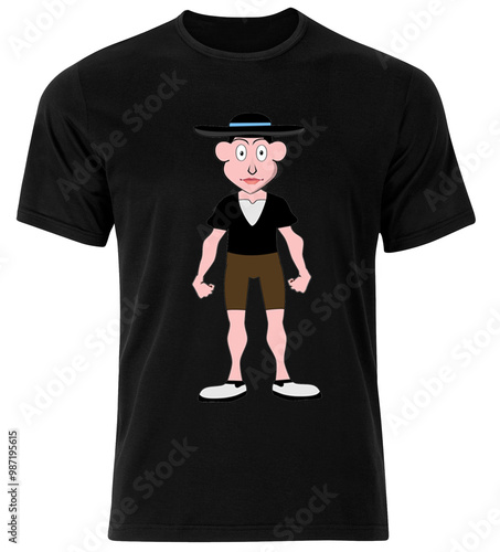 black short-sleeved t-shirt with a picture of a man wearing a wide-brimmed hat on the front