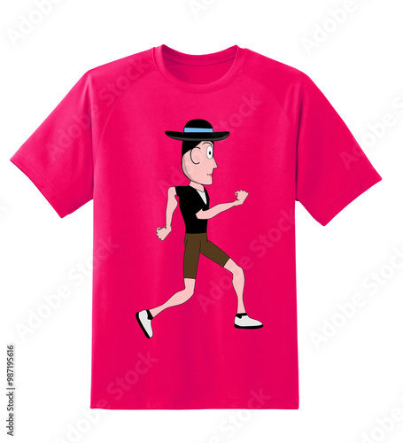 red short-sleeved t-shirt with a picture of a man wearing a wide-brimmed hat on the front