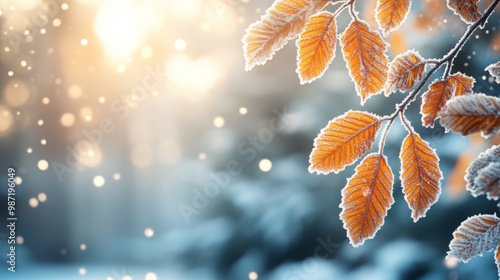 Hoarfrost on the leaves. Beautiful frozen plants. Natural winter texture. Macro nature. Grass with ice crystals on natural blurry bokeh background