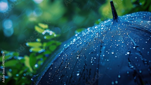 Nature's Symphony: Captivating Raindrops Dance on an Umbrella Amidst a Lush Green Oasis