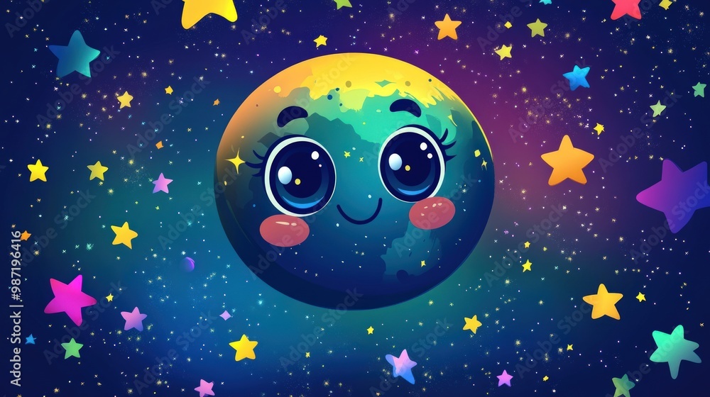 Fototapeta premium Cute cartoon earth with big eyes smiling surrounded by stars on a dark blue background.