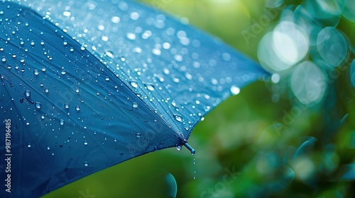 Nature's Symphony: Captivating Raindrops Dance on an Umbrella Amidst a Lush Green Oasis