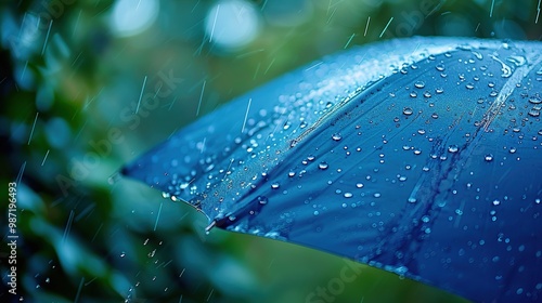 Nature's Symphony: Captivating Raindrops Dance on an Umbrella Amidst a Lush Green Oasis