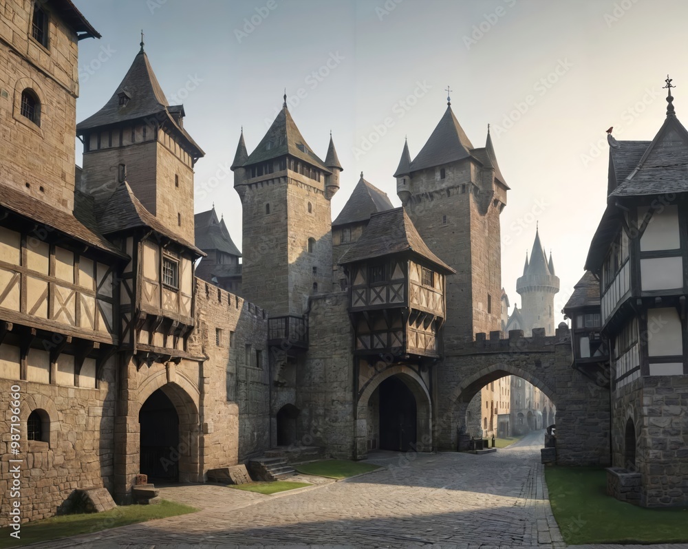 Panoramic View of Deserted Medieval City: Grand Castle and Fading Sunset Panoramic View of Deserted Medieval City: Grand Castle and Fading Sunset
