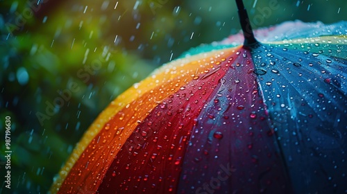 Nature's Symphony: Captivating Raindrops Dance on an Umbrella Amidst a Lush Green Oasis