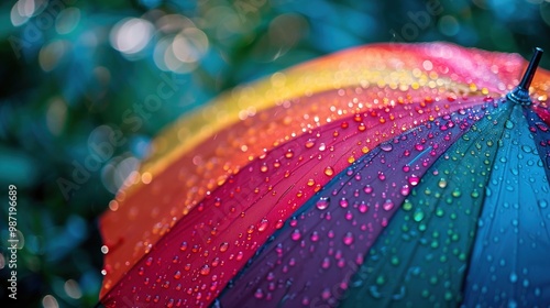 Nature's Symphony: Captivating Raindrops Dance on an Umbrella Amidst a Lush Green Oasis