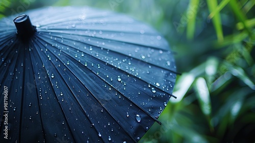 Nature's Symphony: Captivating Raindrops Dance on an Umbrella Amidst a Lush Green Oasis