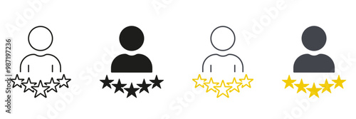 Person with Stars Line and Silhouette Icon Set. Best Feedback for Business Service. Customer Satisfaction Pictogram. Success Review, User Rating Symbol. Editable Stroke. Isolated Vector Illustration