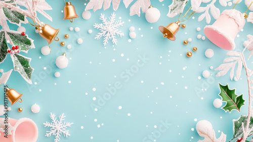 Festive winter holiday decorations featuring gold bells, snowflakes, and holly on a soft blue background with snow effects photo