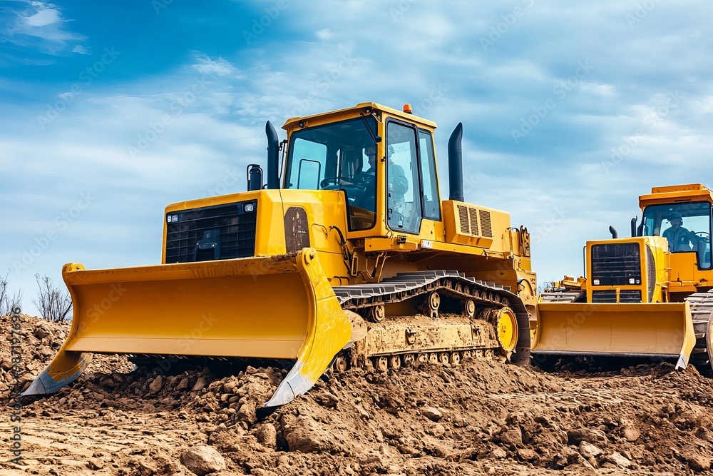 A powerful bulldozer clearing dirt on a construction site under a bright blue sky, showcasing heavy machinery in action. A powerful bulldozer clearing dirt on a construction site under a bright blue sky, showcasing heavy machinery in action.