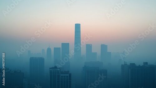 A serene cityscape shrouded in mist at dawn, showcasing towering skyscrapers against a pastel sky.