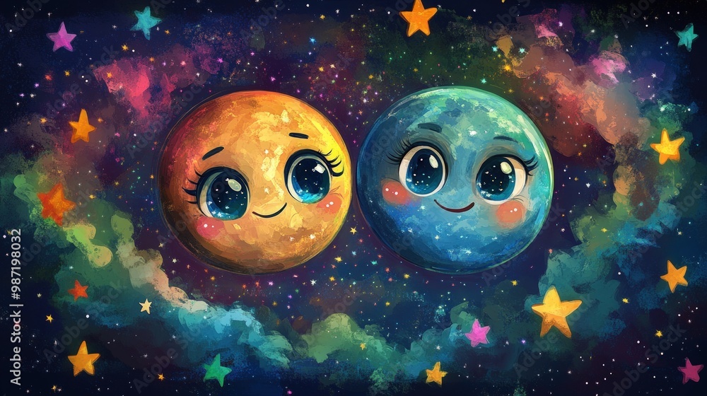 Two cartoon planets with smiling faces in space surrounded by stars. Two cartoon planets with smiling faces in space surrounded by stars.