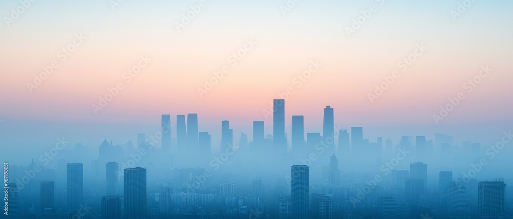 Fototapeta premium A serene skyline shrouded in mist at sunrise, showcasing urban beauty with soft pastel hues and silhouette of towering buildings.