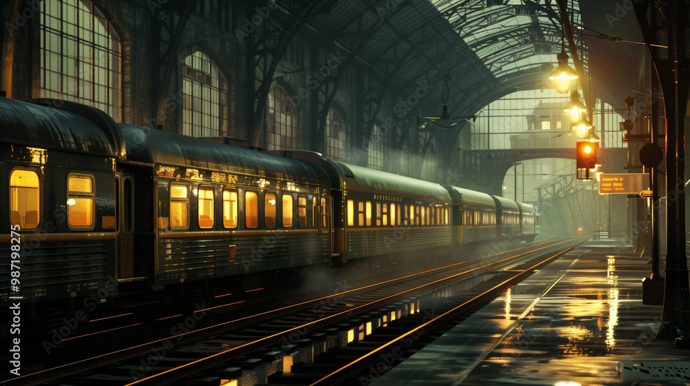 Cinematic Rails: A Stunning Illustration of a Train with Dramatic Lighting Cinematic Rails: A Stunning Illustration of a Train with Dramatic Lighting