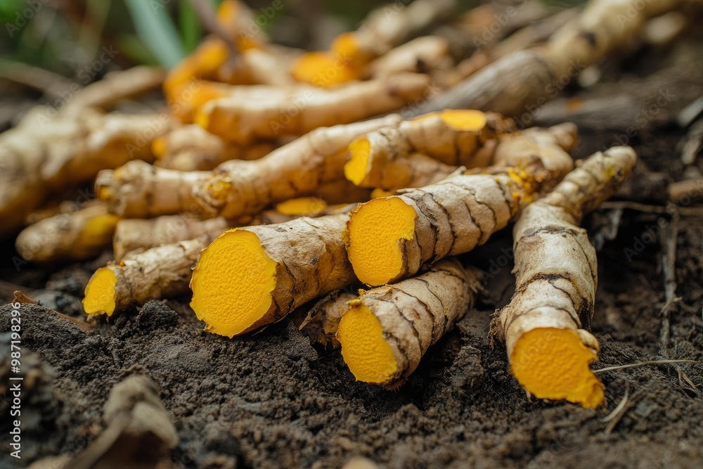 Obraz premium Yellow Turmeric root herb nutrient food for healthy , ai