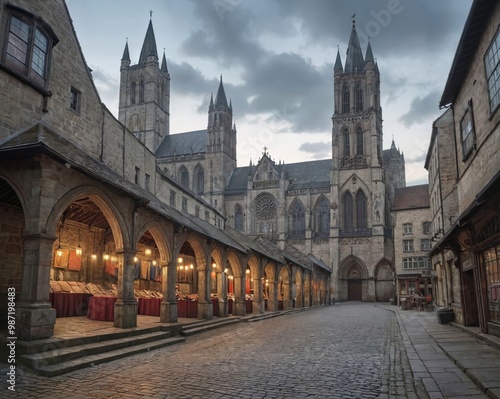 Abandoned Medieval Market Square: Stone Shops and Gothic Cathedral at Dusk 