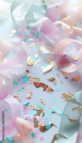 Minimalist Abstract Birthday Background with Pastel Ribbons and Metallic Confetti