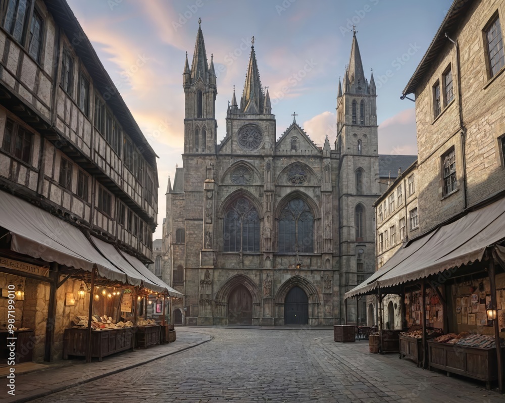 Abandoned Medieval Market Square: Stone Shops and Gothic Cathedral at Dusk
Abandoned Medieval Market Square: Stone Shops and Gothic Cathedral at Dusk