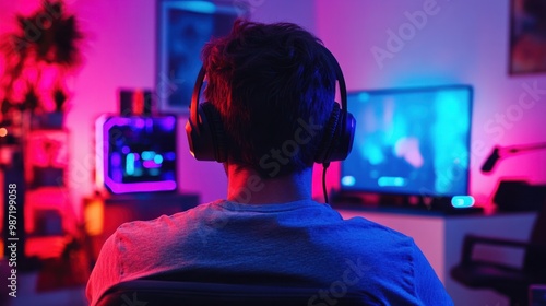 Young man wearing a gaming headset, immersed in an online game, with LED lights illuminating the room.