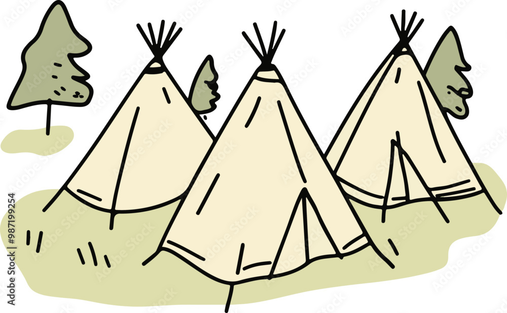 Vector Illustration of Tipis Surrounded by Trees Vector Illustration of Tipis Surrounded by Trees