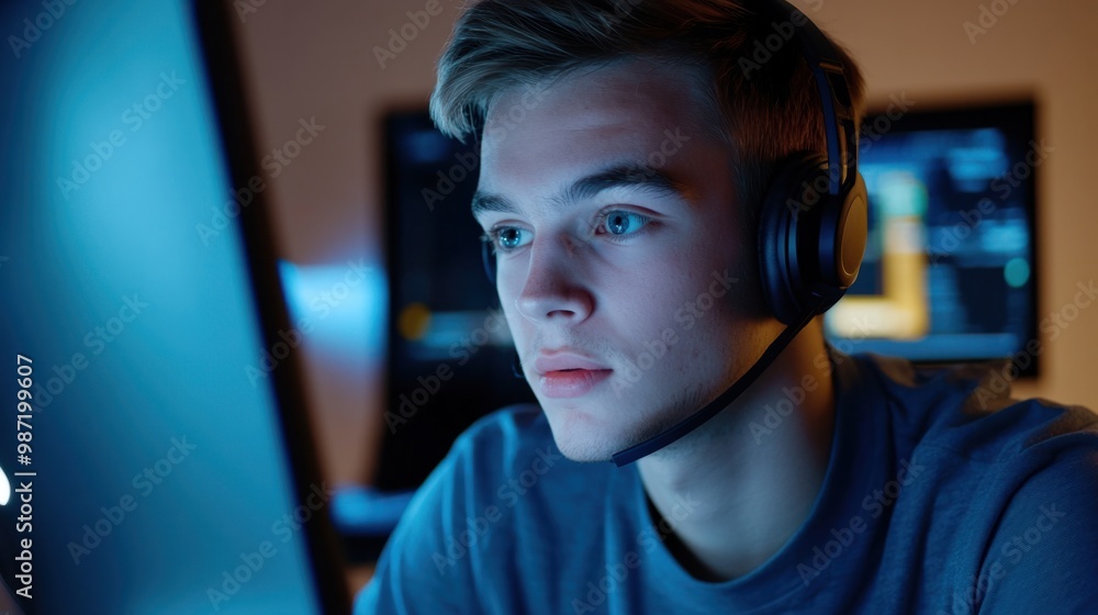 Young man wearing a headset, looking at his monitor and communicating with colleagues in an international meeting. Young man wearing a headset, looking at his monitor and communicating with colleagues in an international meeting.