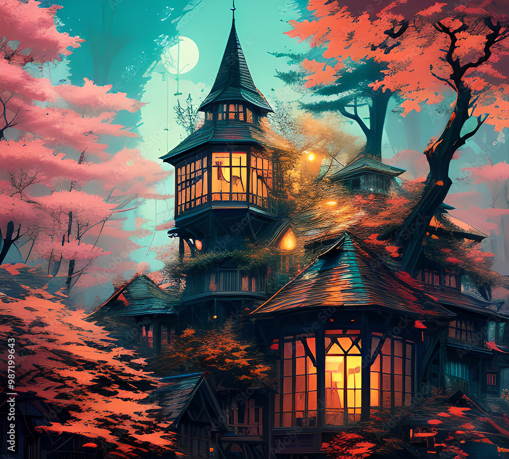 Obraz premium Atmospheric fairy tale fantasy house in the forest. Mysterious location. Mystical illustration. generative ai