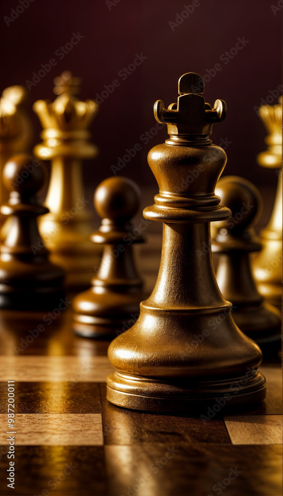 The intricate details of bronze chess pieces are captured over a wooden chessboard, highlighting the strategic intensity of a chess match The intricate details of bronze chess pieces are captured over a wooden chessboard, highlighting the strategic intensity of a chess match