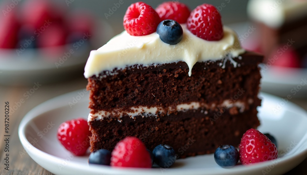 A close-up shot of a slice of decadent chocolate cake with whipped cream and berries, with a focus on the velvety texture of the chocolate and the delicate sweetness of the berries A close-up shot of a slice of decadent chocolate cake with whipped cream and berries, with a focus on the velvety texture of the chocolate and the delicate sweetness of the berries