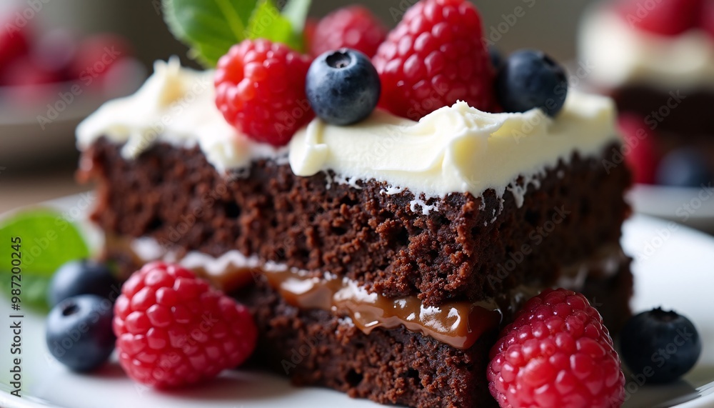 A close-up shot of a slice of decadent chocolate cake with whipped cream and berries, with a focus on the velvety texture of the chocolate and the delicate sweetness of the berries A close-up shot of a slice of decadent chocolate cake with whipped cream and berries, with a focus on the velvety texture of the chocolate and the delicate sweetness of the berries