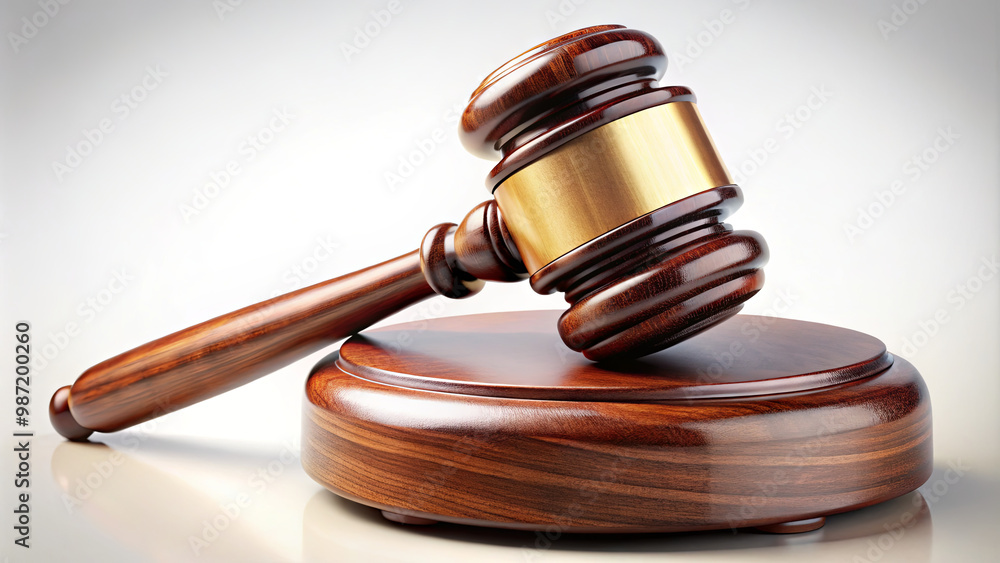 The wooden gavel is positioned on a polished sound block, symbolizing authority and justice often seen in courtrooms during legal proceedings The wooden gavel is positioned on a polished sound block, symbolizing authority and justice often seen in courtrooms during legal proceedings